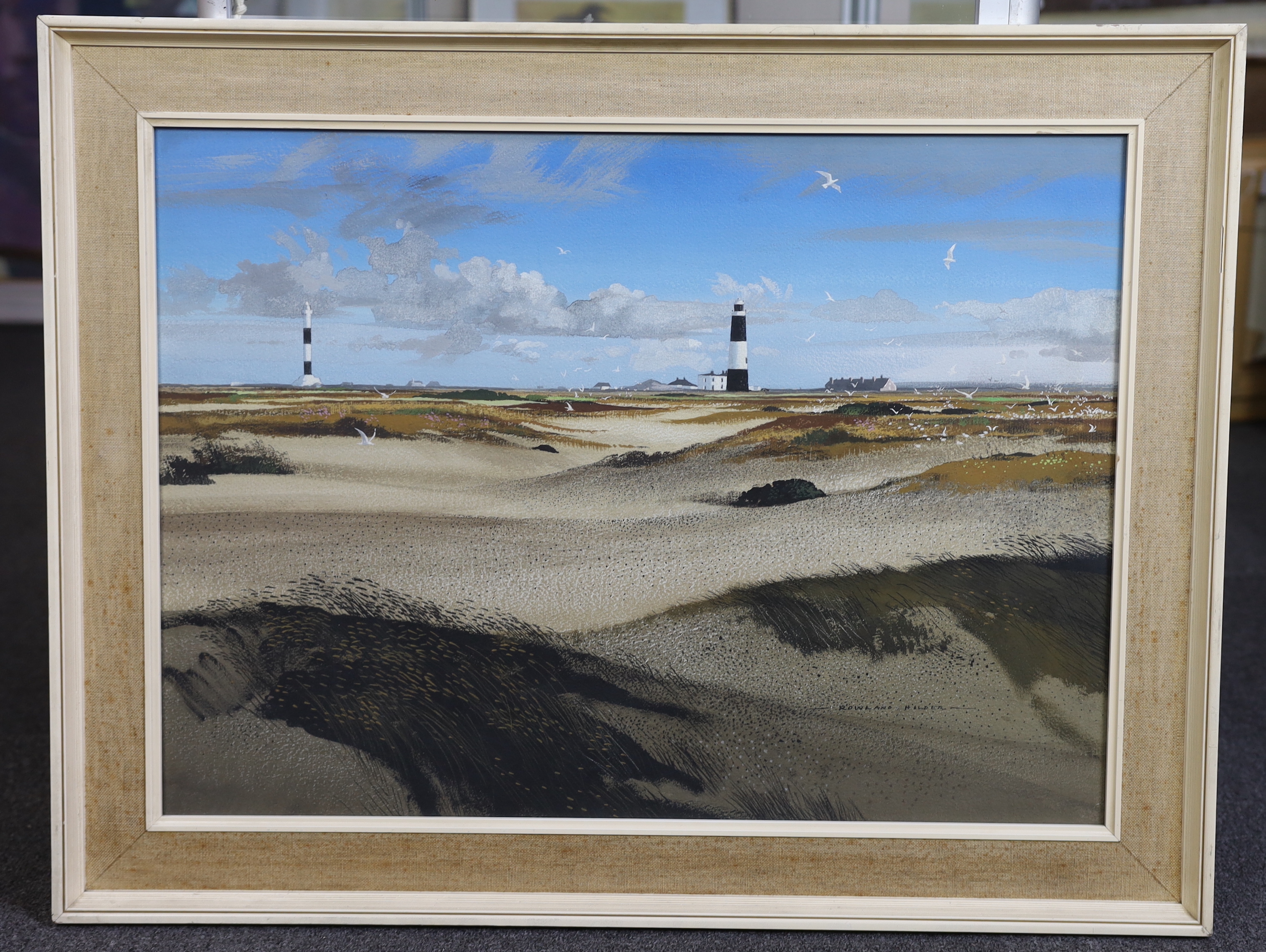 Rowland Hilder (English, 1905-1993), 'Dungeness, Shell Bird Sanctuaries', ink, watercolour and gouache, 50 x 69cm